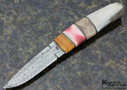 Greger Forselius Custom Knife Mosaic Damascus, Warthog, Dyed Giraffe Bone & Carved Mammoth Fixed Blade