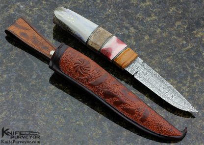 Greger Forselius Custom Knife Mosaic Damascus, Warthog, Dyed Giraffe Bone & Carved Mammoth Fixed Blade - Image 4