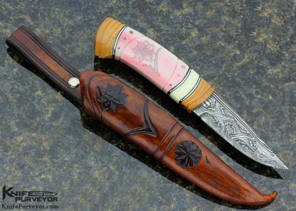 Greger Forselius Custom Knife "African Rose" with Stacked Handle formed from Carved Mammoth, Warthog Tusk and Dyed Giraffe Bone - Image 4