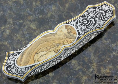 Joe Kious Custom Knife Mosaic Damascus & Biggs Jasper Lockback Dagger Engraved by Jon Robyn - Image 3