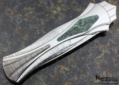 Ron Best Custom Knife Damascus Lockback Dagger With Jade Inlay - Image 3