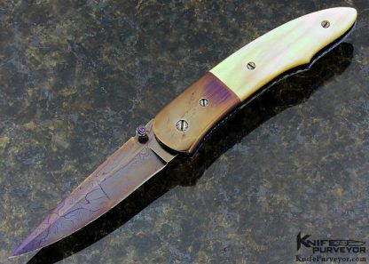 Rick Dunkerley Custom Knife Sole Authorship Blued Damascus and Gold Lip Pearl Linerlock