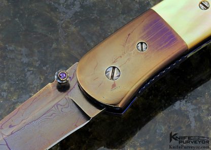 Rick Dunkerley Custom Knife Sole Authorship Blued Damascus and Gold Lip Pearl Linerlock - Image 2