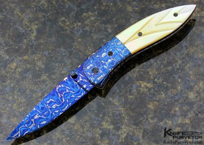 Rick Dunkerley Custom Knife Blued Sole Authorship Damascus & Fluted South Sea Gold Lip Pearl Linerlock