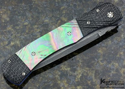 Bill Saindon Custom Knife with Fluted Mosaic Damascus and Fluted Black Lip Tahitian Pearl Shell Linerlock - Image 3