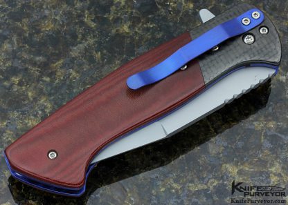 Randy Doucette Custom Knife Red Linen Micarta & Carbon Fiber Flipper Linerlock - Image 4