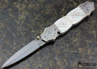 Vernie Reed Custom Knife Damascus Dagger with Jewel Piqued Mother of Pearl And 18kt Gold 15817