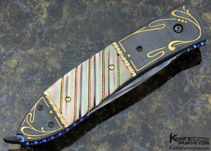 Jim Minnick Custom Knife Jerry Rados Damascus with 24Kt Gold Inlays & Black Lip Tahitian Pearl Shell Automatic Linerlock - Image 3