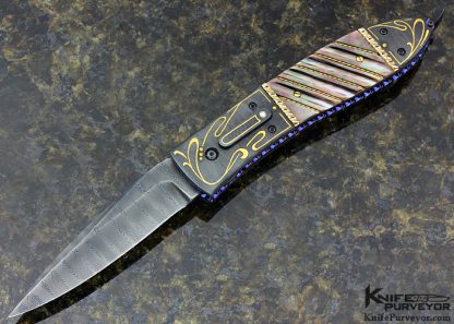 Jim Minnick Custom Knife Jerry Rados Damascus with 24Kt Gold Inlays & Black Lip Tahitian Pearl Shell Automatic Linerlock