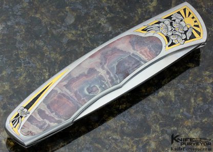 Scott Sawby Custom Knife Engraved by Marian Sawby with Willow Creek Jasper and Gold Inlays Self Lock - Image 4