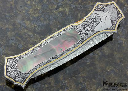 Joe Kious Custom Knife Engraved by Tim Halloran with Tahitian Black Lip Pearl Inlay and Damascus Dagger - Image 2