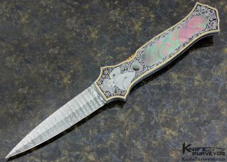 Joe Kious Custom Knife Engraved by Tim Halloran with Tahitian Black Lip Pearl Inlay and Damascus Dagger 15540