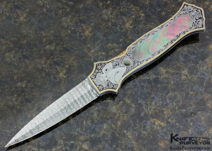 Joe Kious Custom Knife Engraved by Tim Halloran with Tahitian Black Lip Pearl Inlay and Damascus Dagger 15540