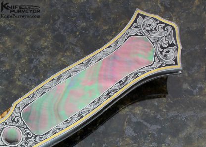 Joe Kious Custom Knife Engraved by Tim Halloran with Tahitian Black Lip Pearl Inlay and Damascus Dagger - Image 5