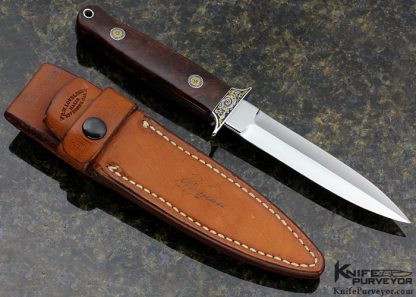 Bob Loveless Custom Knife Dan Wilkerson Engraved Ironwood Symmetrical Dagger with Signed Sheath - Image 4