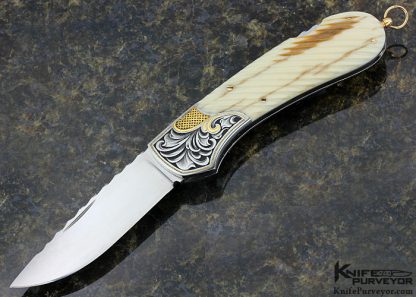 Joe Kious Custom Knife Julie Warenski Engraved Mammoth Lockback with 24Kt Gold Inlays 15737