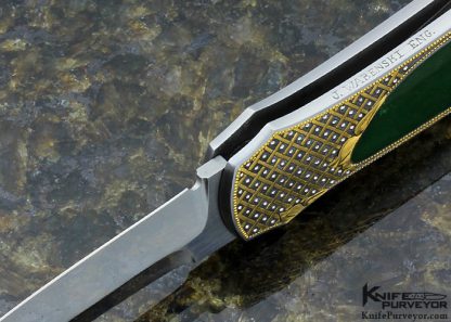 Warren Osborne Custom Knife With Green Jade Interframe Lockback Engraved by Julie Warenski with 24Kt Gold Basket Weave and Platinum Dots - Image 7