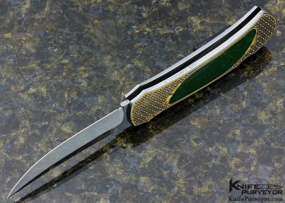 Warren Osborne Custom Knife With Green Jade Interframe Lockback Engraved by Julie Warenski with 24Kt Gold Basket Weave and Platinum Dots - Image 6