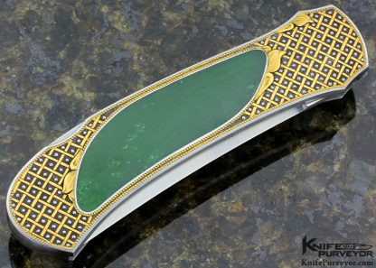 Warren Osborne Custom Knife With Green Jade Interframe Lockback Engraved by Julie Warenski with 24Kt Gold Basket Weave and Platinum Dots - Image 4