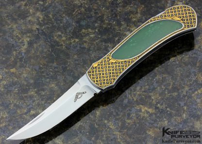 Warren Osborne Custom Knife With Green Jade Interframe Lockback Engraved by Julie Warenski with 24Kt Gold Basket Weave and Platinum Dots