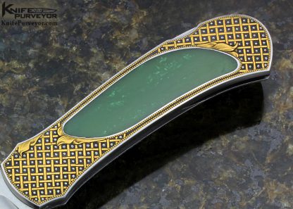 Warren Osborne Custom Knife With Green Jade Interframe Lockback Engraved by Julie Warenski with 24Kt Gold Basket Weave and Platinum Dots - Image 3