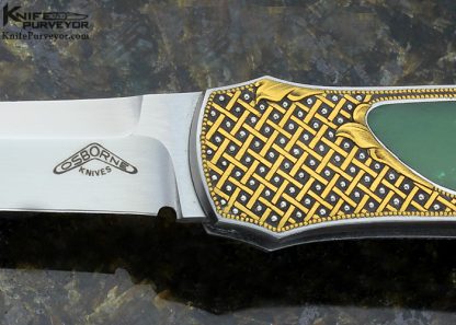 Warren Osborne Custom Knife With Green Jade Interframe Lockback Engraved by Julie Warenski with 24Kt Gold Basket Weave and Platinum Dots - Image 2