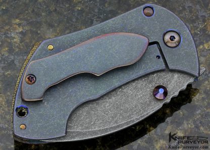 Neil Blackwood Custom Knife "Pimp Squeak" Brown Micarta with Burlwood Inlays and Mosaic Pins Anodized Dual Thumbstuds Acid & Stonewashed Blade Frame Lock - Image 3