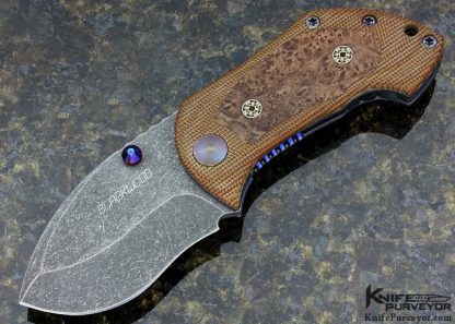 Neil Blackwood Custom Knife "Pimp Squeak" Brown Micarta with Burlwood Inlays and Mosaic Pins Anodized Dual Thumbstuds Acid & Stonewashed Blade Frame Lock