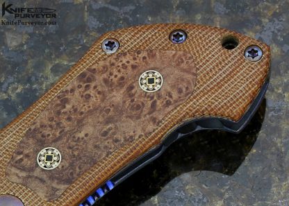 Neil Blackwood Custom Knife "Pimp Squeak" Brown Micarta with Burlwood Inlays and Mosaic Pins Anodized Dual Thumbstuds Acid & Stonewashed Blade Frame Lock - Image 4