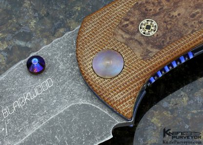 Neil Blackwood Custom Knife "Pimp Squeak" Brown Micarta with Burlwood Inlays and Mosaic Pins Anodized Dual Thumbstuds Acid & Stonewashed Blade Frame Lock - Image 2