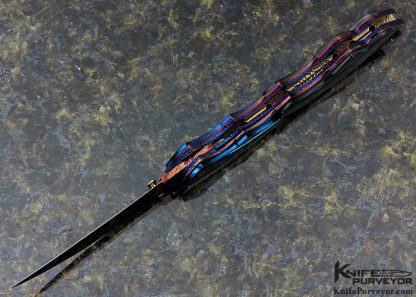 Barry Gallagher Custom Knife Stippled and Carved Anodized Titanium, Blued Mosaic Damascus and Black Lip Tahitian Pearl Shell with Gold and Jewel Inlays Linerlock - Image 7