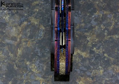 Barry Gallagher Custom Knife Stippled and Carved Anodized Titanium, Blued Mosaic Damascus and Black Lip Tahitian Pearl Shell with Gold and Jewel Inlays Linerlock - Image 9