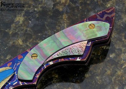 Barry Gallagher Custom Knife Stippled and Carved Anodized Titanium, Blued Mosaic Damascus and Black Lip Tahitian Pearl Shell with Gold and Jewel Inlays Linerlock - Image 3