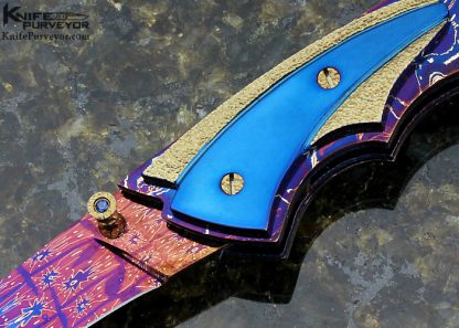 Barry Gallagher Custom Knife Stippled and Carved Anodized Titanium, Blued Mosaic Damascus and Black Lip Tahitian Pearl Shell with Gold and Jewel Inlays Linerlock - Image 2