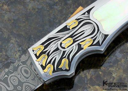 Joe Kious Custom Knife Mike Norris Stainless Damascus and South Sea Gold Lip Pearl Shell Interframe Automatic Engraved by Marian Sawby - Image 2