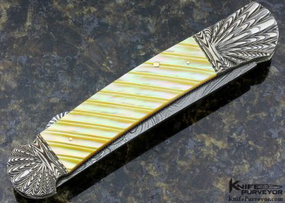 Ken Steigerwalt Custom Knife Fluted Damascus and Fluted Gold Lip Pearl Shell Lockback - Image 3