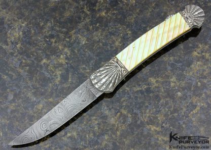 Ken Steigerwalt Custom Knife Fluted Damascus and Fluted Gold Lip Pearl Shell Lockback