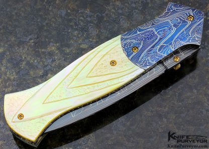 Gail Lunn Custom Knife Mosaic Damascus and Carved and Stippled South Sea Gold Lip Pearl Linerlock Dagger - Image 7