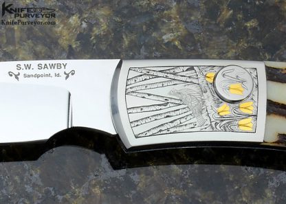 Scott Sawby Custom Knife Marian Sawby Engraved Stag Outdoorsman Button Lock Folder - Image 2