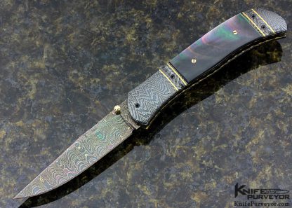 John W. Smith Custom Knife Sole Authorship Damascus & Black Lip Tahitian Pearl Shell Linerlock