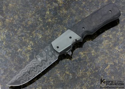 Jason Clark Custom Knife San Mai Damascus, Zirconium and Marbled Carbonfiber Flipper