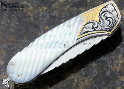 Joe Kious Custom Knife Fluted Mother of Pearl Lockback Engraved By Julie Warenski - Image 5