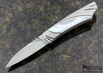 William Tuch Custom Knife Mother of Pearl Shell Interframe Fluted & Stippled Steel Lockback Folder