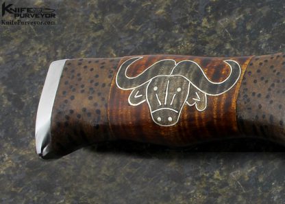 Jay Hendrickson Custom Knife M.S. Fine Silver Wire Inlaid "Cheetah & Water Buffalo" Curly Maple Sole Authorship Damascus Clip Point Hunter - Image 5