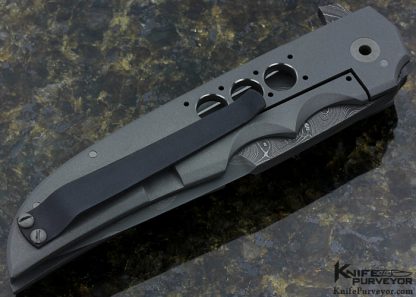 Jason Clark Custom Knife San Mai Damascus, Zirconium and Marbled Carbon Fiber Flipper - Image 3