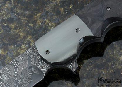 Jason Clark Custom Knife San Mai Damascus, Zirconium and Marbled Carbon Fiber Flipper - Image 2