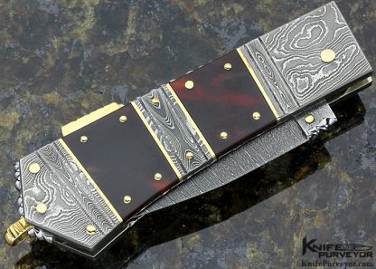 Barry Davis Custom Knife Small Triple Damascus Bolster with Amber and Gold Pins, Bale, and Back Spacer Lockback - Image 3