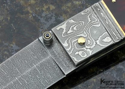 Barry Davis Custom Knife Small Triple Damascus Bolster with Amber and Gold Pins, Bale, and Back Spacer Lockback - Image 2