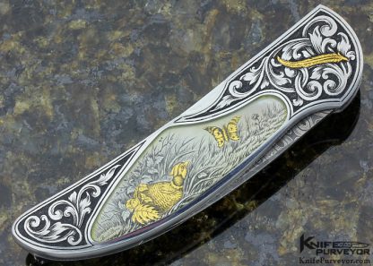 Joe Kious Custom Knife Damascus & Quartz Interframe Midlock Engraved by Giacomo Badillini - Image 4