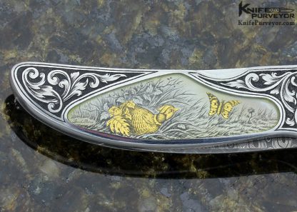 Joe Kious Custom Knife Damascus & Quartz Interframe Midlock Engraved by Giacomo Badillini - Image 6